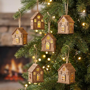 Ornements de Noël en bois à LED, pendentifs en forme de maison lumineuse pour la fête de Noël - Product Image 1
