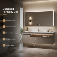 Kabinet Cermin LED Tiga Pintu Stainless Steel untuk Kamar Mandi dengan Jam Digital, Penghilang Embun, dan Finishing Kayu Oak, Dilengkapi Wastafel