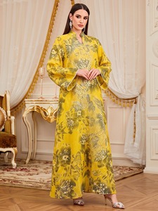 Unisex Rayon Colorblock Print Anti-Wrinkle Elegant Abaya <b>Rhinestone</b> Applique Ankle Length Long Gown Stand Collar Flare Sleeve - Product Image 5