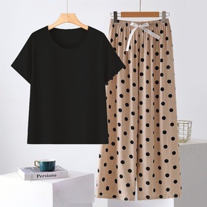 Ensemble deux pièces en coton pour femmes, haut à col rond à manches courtes, pantalon à fleurs, vêtements décontractés, grande taille XL 2XL 3XL 4XL - Product Image 2