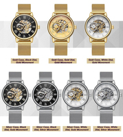 Montre mécanique avec cadran squelette complet, chiffres romains, mouvement automatique, bracelet en maille milanaise, boîtier doré