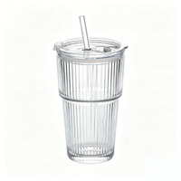 Gobelet de voyage moderne unisexe en verre avec couvercle et paille – Design portable à rayures verticales pour fêtes