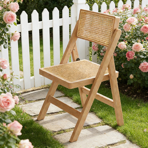Silla Plegable Moderna de Madera Maciza y Ratán, Silla de Comedor Portátil de Mimbre Natural para Patio, Jardín, Balcón y Uso en Exteriores - Product Image 4