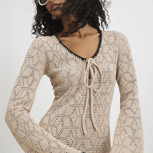 Women's Knitted Hollow-Out <b>Dress</b> in Black and Apricot Color Blocking with Tie-Neckline Casual <b>Dress</b> Slim-fit long winter <b>dress</b> - Product Image 3