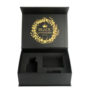 定制空磁性哑光黑色包装盒，带金色印花植绒EVA刚性纸盒，用于50毫升香水油瓶座
