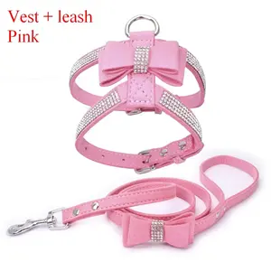 Pet Harness Leash With Rhinestone Bling Crystal Soft Suede Bow Leather Chest Strap for Dogs Pet