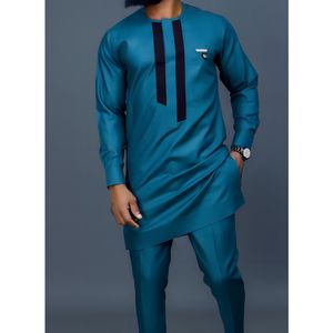 Chaqueta larga y pantalones de estilo étnico africano, conjunto de traje de cuello redondo para hombre de Color sólido, camisa azul musulmana de 2 piezas, atuendo Dashiki - Product Image 3