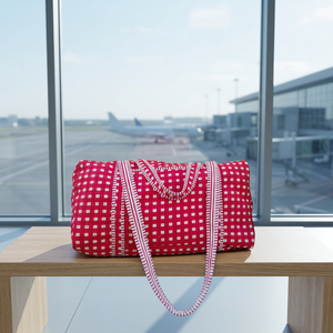 Red Checkered Textile Weekender <b>Duffel</b> <b>Bag</b> with Zipper Closure Large Capacity Travel <b>Bag</b> <b>Duffel</b> Travel Quilted Gym Weekender <b>Bag</b> - Product Image 1
