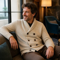 Herren-Strickjacke mit Schalkragen, Doppelreihig, Melierte Haferfarbe, Langarm, Retro-Casual-Stil für Herbst und Winter, mit Gesticktem Logo