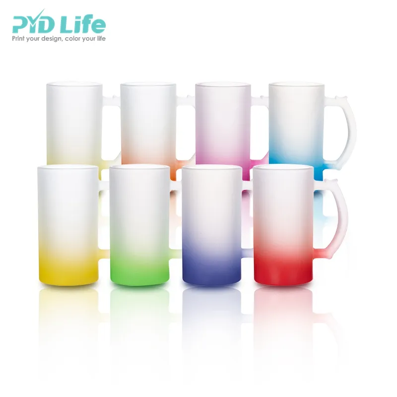 PYD Life nuova vendita calda 16 oz 480 ml tazza da birra in vetro smerigliato con gradiente di sublimazione con manico