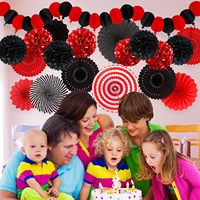 Décorations de fête rouges et noires, éventails en papier, pompons, guirlandes pour anniversaire, mariage, remise de diplôme, soirée jeux, fête garçon/fille