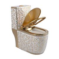 WC monobloc moderne en céramique vitrifiée, finition dorée royale à motif floral, à chasse d'eau à jet siphonique, avec jupe décorative, économie d'eau et double chasse
