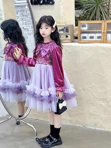2024 personalizado nuevo estilo primavera y otoño falda niña princesa ropa manga larga y <span class=keywords><strong>estrella</strong></span> lentejuelas vestido de tul - Product Image 2