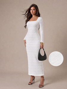New Square Neck <b>Long</b> Sleeved Textured Dress for Women with Exposed Back, Slim Fit, Slit Cut, Hip Hugging <b>Long</b> <b>Skirt</b> - Product Image 3