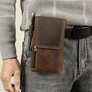 Genuine Full Grain Cowhide Retro Men's Waist Bag Mobile <b>Phone</b> <b>Pouch</b> Multifunctional Leather <b>Belt</b> Bag with Pen Holder - Product Image 1