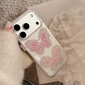 Cover posteriore trasparente coreana 3D con glitter a farfalla rosa e strass per iPhone 18 Pro Max 17 16 15 - Product Image 6