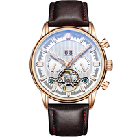 Montre mécanique de luxe de marque haut de gamme pour homme, bracelet en cuir marron, boîtier en acier inoxydable, fermoir à boucle, calendrier hebdomadaire, verre résistant à l'eau