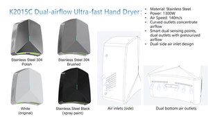 TETCH Nouveau design K2015C <span class=keywords><strong>Sèche</strong></span>-<span class=keywords><strong>mains</strong></span> électrique automatique à capteur double <span class=keywords><strong>Airblade</strong></span> haute vitesse en acier inoxydable pour salle de bain commerciale 1300W - Product Image 5