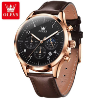 Montre à quartz chronographe Olves 2882 Luxury Sport Fashion Moon Phase 42 mm - Alliage, résistance à l'eau 3 BAR, aiguilles lumineuses, bracelet en cuir