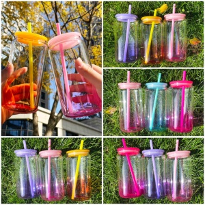 Verre en borosilicate transparent coloré effet ombré de 16 oz avec couvercles et pailles en PP colorés pour sublimation vinyle – Entrepôt US - Product Image 3