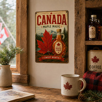 Plaque Métallique Rétro Vintage Canada Feuille d'Érable Élan Forêt Sauvage, Décoration Murale pour Cabane et Maison de Lac, Art Mural, Panneau Métallique