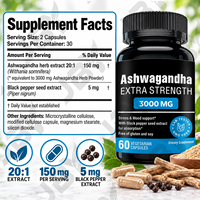 Capsules d'extrait d'Ashwagandha 20:1, complément alimentaire à base de plantes avec poivre noir, 60 unités, marque privée, fournisseur en gros OEM