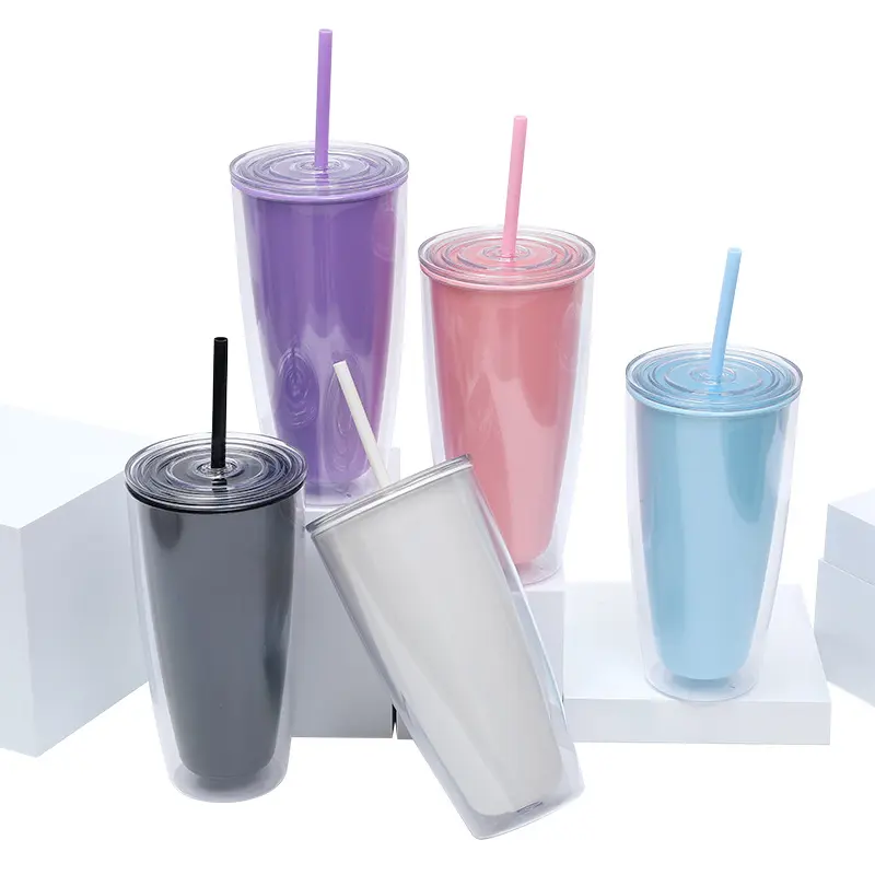 Custom Color Plastic Tumbler BPA Free 24oz Acrylic Double Wall Straw Mug Acrylic Cold Cups 24oz Plastic Cup With Lids and Straws