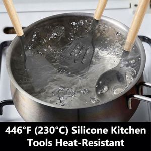Ustensiles de cuisine en silicone écologiques de qualité alimentaire, antiadhésifs, résistants à la chaleur, ensemble de 12 ustensiles de cuisine avec manches en bois, compatibles lave-vaisselle - Product Image 3