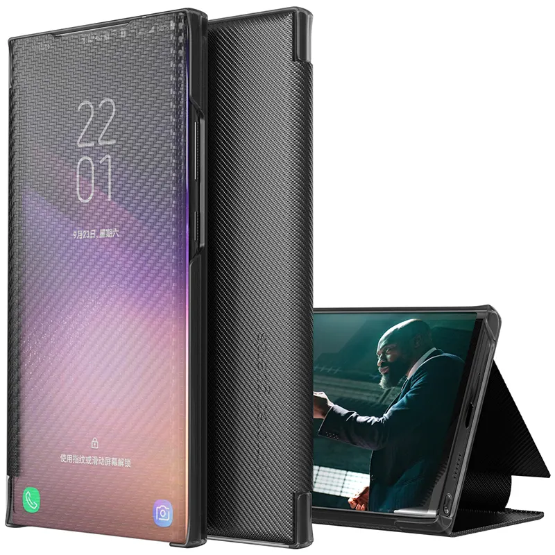 Laudtec Solid Color Carbon Fiber Flip Mirror Phone Case For Samsung Galaxy S8 S9 S10 S20 S21 FE Note 8 9 10 20 Plus Ultra Cover/