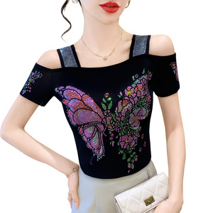 Nueva Blusa Elegante de Doble Capa <span class=keywords><strong>con</strong></span> Pedrería y Malla de Seda Helada, Manga Corta, Hombros Descubiertos y <span class=keywords><strong>Espalda</strong></span> <span class=keywords><strong>con</strong></span> Diseño Atractivo - Product Image 5