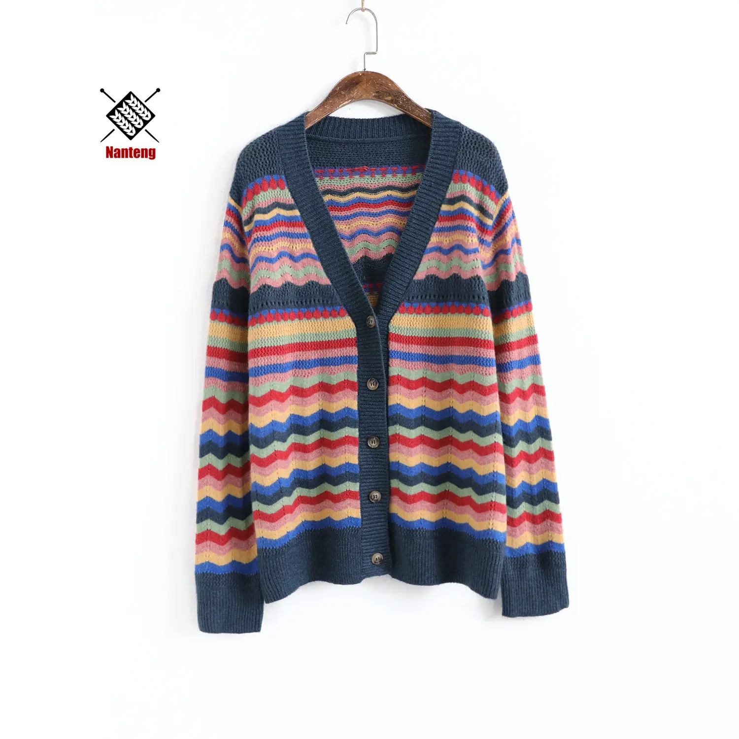 Jacquard Knitted Custom Women Pockets Striped Winter Knit Cardigan Sweater