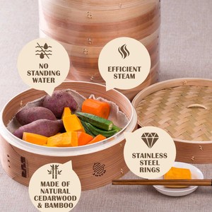 Vaporiera in Legno Profonda con Bordo in Metallo, Cestello in Bambù per Cucinare Ravioli, Dim Sum, Riso, Potstickers e Cibo Asiatico Cinese a Vapore - Product Image 2