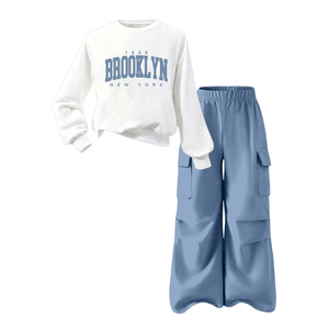 Nuova Collezione: <span class=keywords><strong>Felpa</strong></span> <span class=keywords><strong>Bianca</strong></span> con Stampa di Lettere e Pantaloni Cargo Blu per Ragazze Adolescenti, Ideali per Uscite Quotidiane - Product Image 4