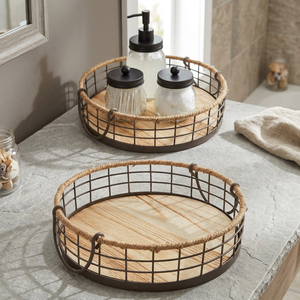 Panier en fil métallique avec base en bois, poignée en corde, motif animalier et floral, écologique, compatible lave-vaisselle et micro-ondes, design industriel - Product Image 1