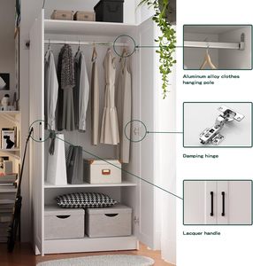 Armoire scandinave blanche SENYU avec portes shaker, 2 tiroirs, poignées métalliques, meuble de rangement moderne pour chambre à coucher - Product Image 5
