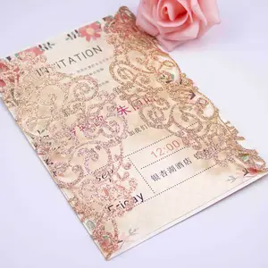 Oro rosa brillo puerta doble bolsillo tarjetas de invitación de la boda de corte láser invitaciones de felicitación tarjetas de regalo con sobre insertar
