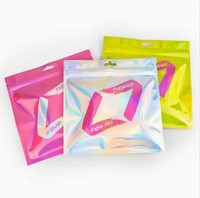 Pochette personnalisée avec logo, fermeture éclair plate laser, holographique brillante, pochette verticale colorée transparente en VMPET MYLAR composite PE, emballage plastique pour portefeuille