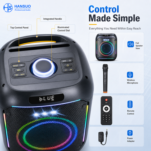 HANSUO HS-TS0868A 40W 8 Inch Portable Karaoke Party Speaker with 3600mAh Battery Wireless Microphone USB FM and Color Lights