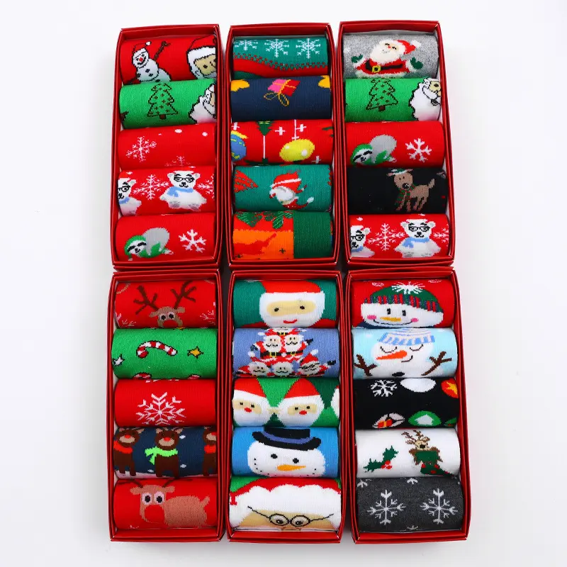 5 пар в одной коробке, теплые разноцветные рождественские носки