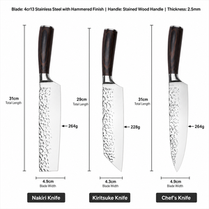 Ensemble de 3 couteaux de cuisine <span class=keywords><strong>japonais</strong></span>, finition martelée, acier à haute teneur en carbone, couteaux de chef Kiritsuke Nakiri, outils de cuisine professionnels - Product Image 1