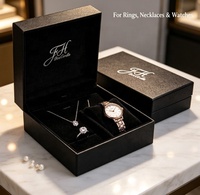 Boîte à bijoux rigide deux pièces avec logo personnalisé, couvercle et base en papier texturé noir pour bagues, colliers et montres