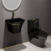 Ensemble de sanitaires de luxe en céramique noire pour salle de bain : WC monobloc et lavabo sur colonne