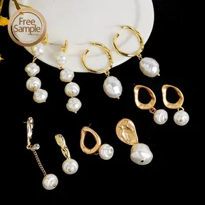 new arrivals pearl earrings wholesale fashion pearl hoop Baroque retro alloy earrings jewelry