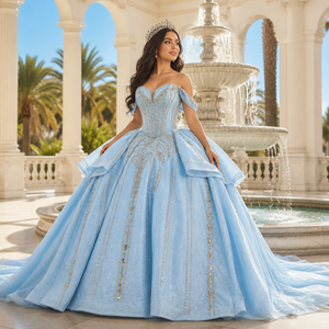 ชุดราตรีงาน Quinceanera สีฟ้า ผ้าออร์แกนซ่า ยาวกรอมพื้น ประดับด้วยลูกปัดคริสตัลและappliqué แบบ Glitter Sweetheart รุ่น 261094 - Product Image 1