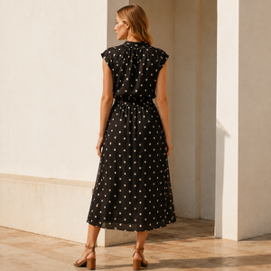 Ensemble 2 pièces pour femmes, haut en mousseline de soie à pois, jupe mi-longue à taille haute, style vintage élégant, <span class=keywords><strong>tenue</strong></span> de plage estivale, noir - Product Image 2