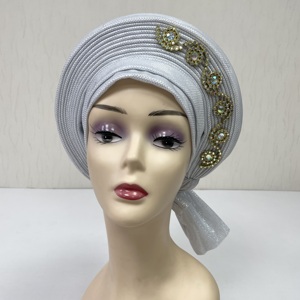 MH-1249-<span class=keywords><strong>F</strong></span> Auto Gele Aso Oke, foulard africain orné de strass, bonnet Gele pour femmes musulmanes, hijab, turban pour la plage, la pêche, adultes - Product Image 2