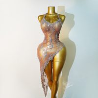 Combinaison de scène asymétrique en maille diamantée scintillante avec strass argentés, tenue de danseuse disco Gogo, pour Drag Queen, Showgirl, Candy