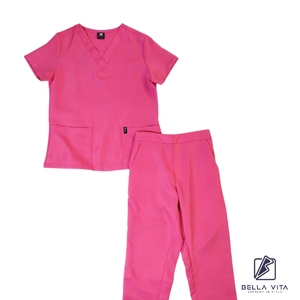 Pink Macaron Unisex V-Neck Healthcare Scrub Set Doctor & <b>Nurse</b> <b>Outfit</b> Design with Elastic Waist Pants and Custom Logo Option - Product Image 1