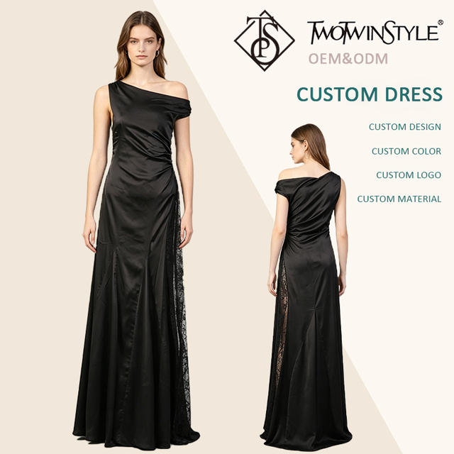 Elegant Black Asymmetrical One Shoulder Maxi Dress Women Side Lace Slit Ruched Satin Mermaid Formal Prom Evening Gown Wholesale