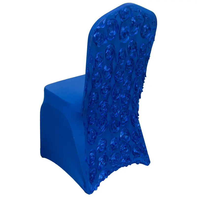 Custom Wholesale Luxury Universal High Stretch Spandex Dining Hotel Wedding Banquet Royal Blue Rosette Flower Chair Cover